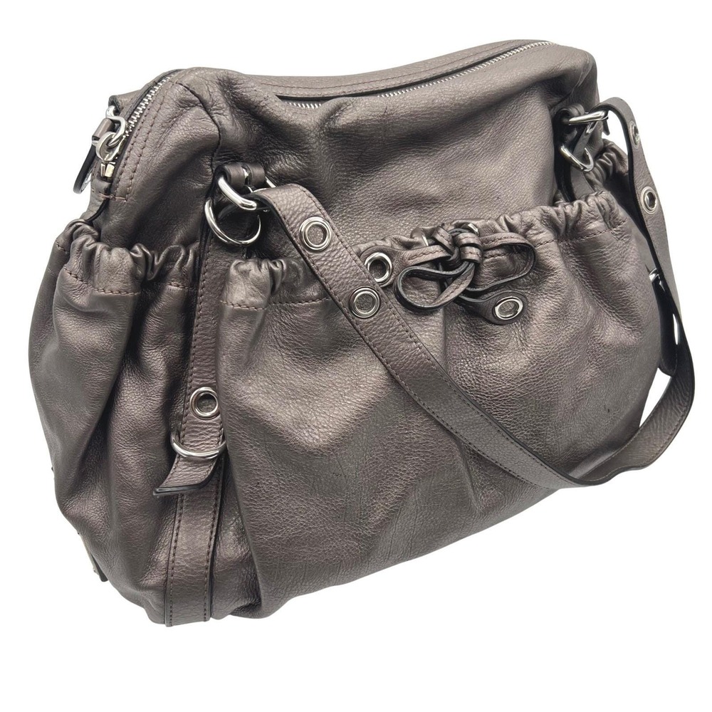 The Original Car Shoe Prada Metallic Pewter Leather Grommet Shoulder Bag Hobo
